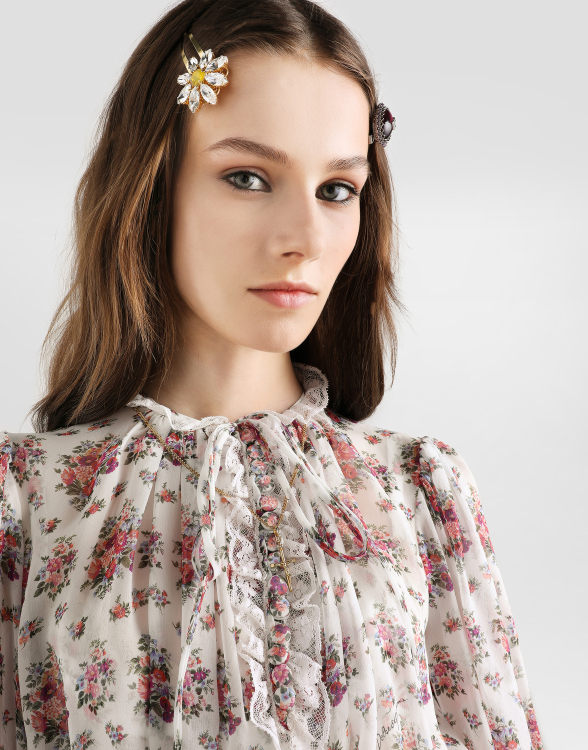 Длинное шифоновое платье с принтом из маленьких цветочных букетов DOLCE & GABBANA, мультиколор — фото 4