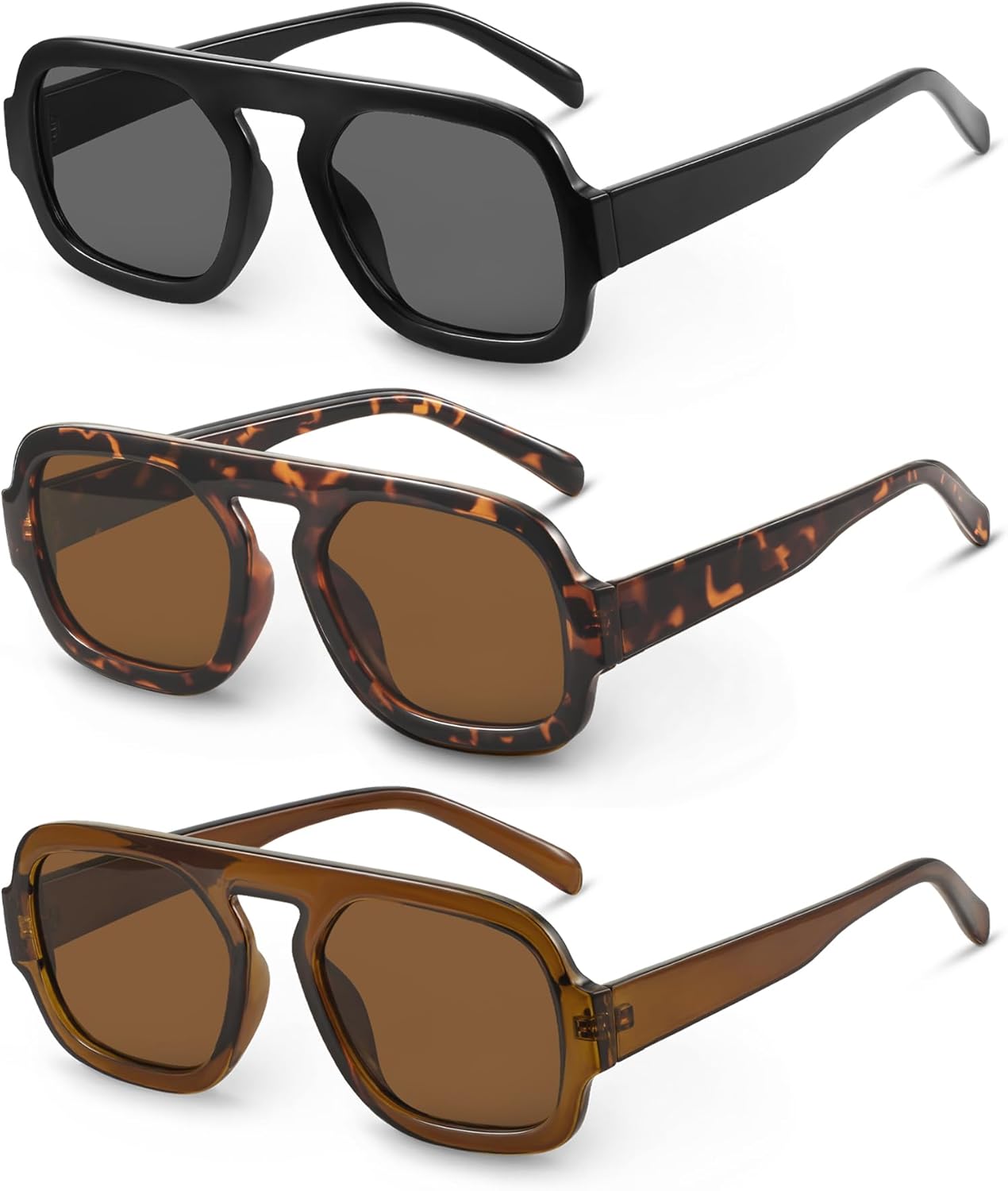

Солнцезащитные очки-авиаторы YDAOWKN в стиле ретро, ​​квадратные, для женщин и мужчин, модные, с плоской верхней частью, защита от УФ-излучения, винтажные, (3 Pack) Black/Grey+tortoise/Brown+brown/Brown