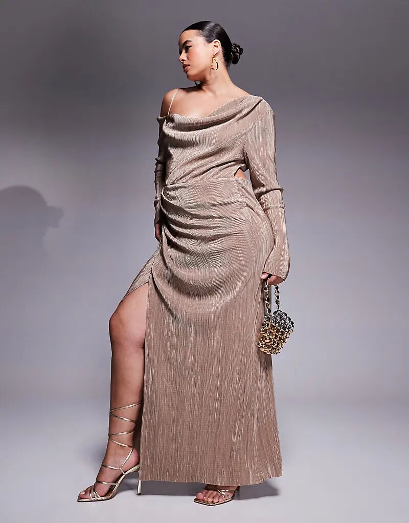 

Плиссированное макси-платье со спущенными плечами и сборками цвета верблюжьей шерсти ASOS