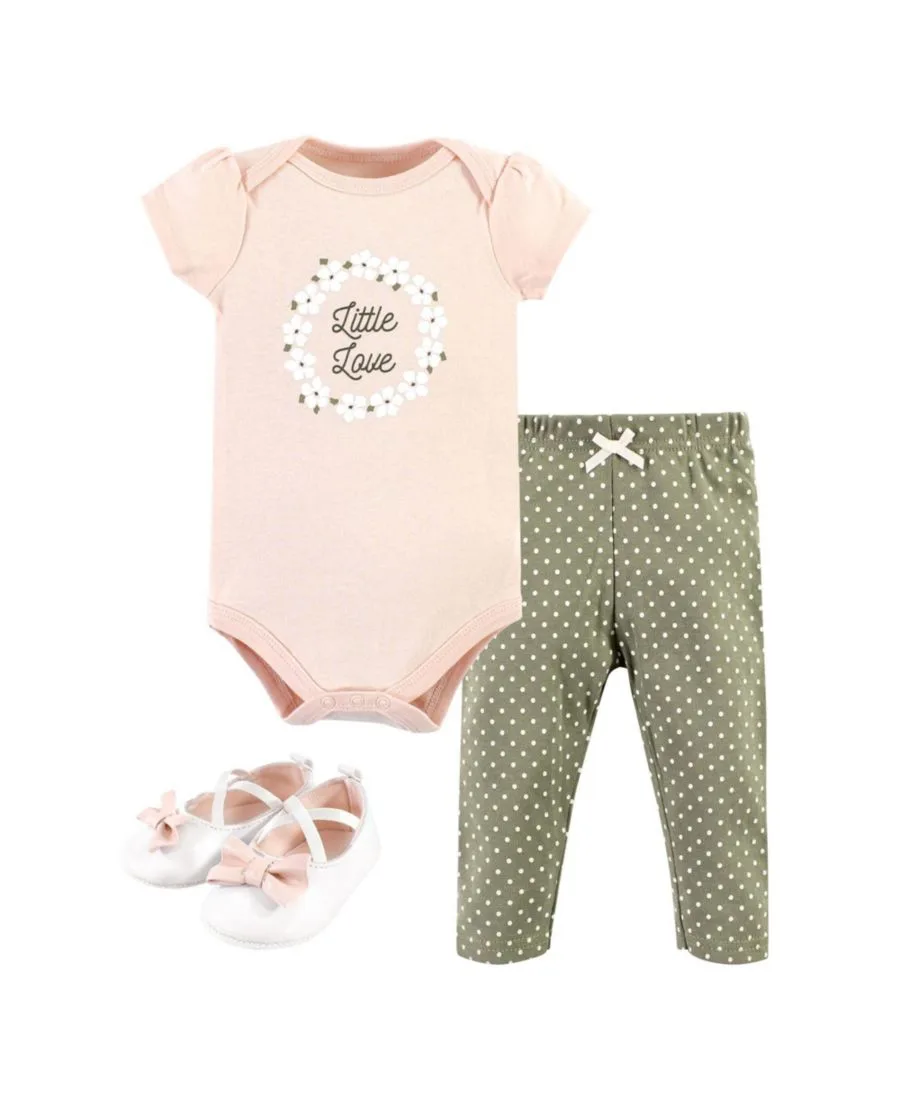 Хлопковый боди, брюки и комплект обуви Hudson Baby, Sage Floral Wreath Short Sleeve