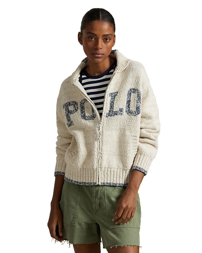 

Кардиган с шалью воротником и молнией Lauren Ralph Lauren с логотипом Ralph Lauren, слоновая кость/кремовый