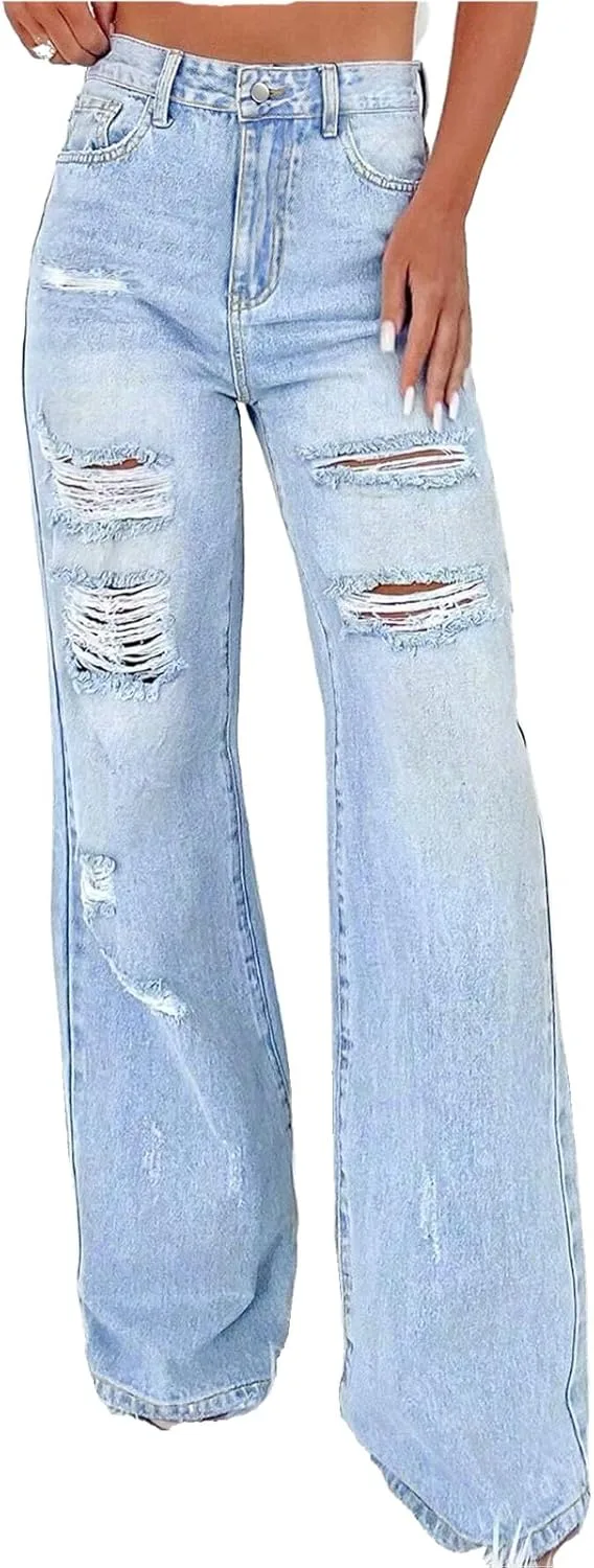 

Женские джинсы High Rise с потертостями, широкие прямые, светлая стирка, пол