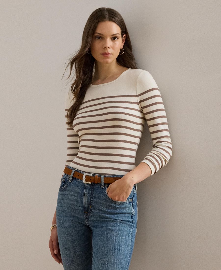 

Женская полосатая хлопковая футболка с длинными рукавами Lauren Ralph Lauren, Mascarpone Cream/taupe Brown