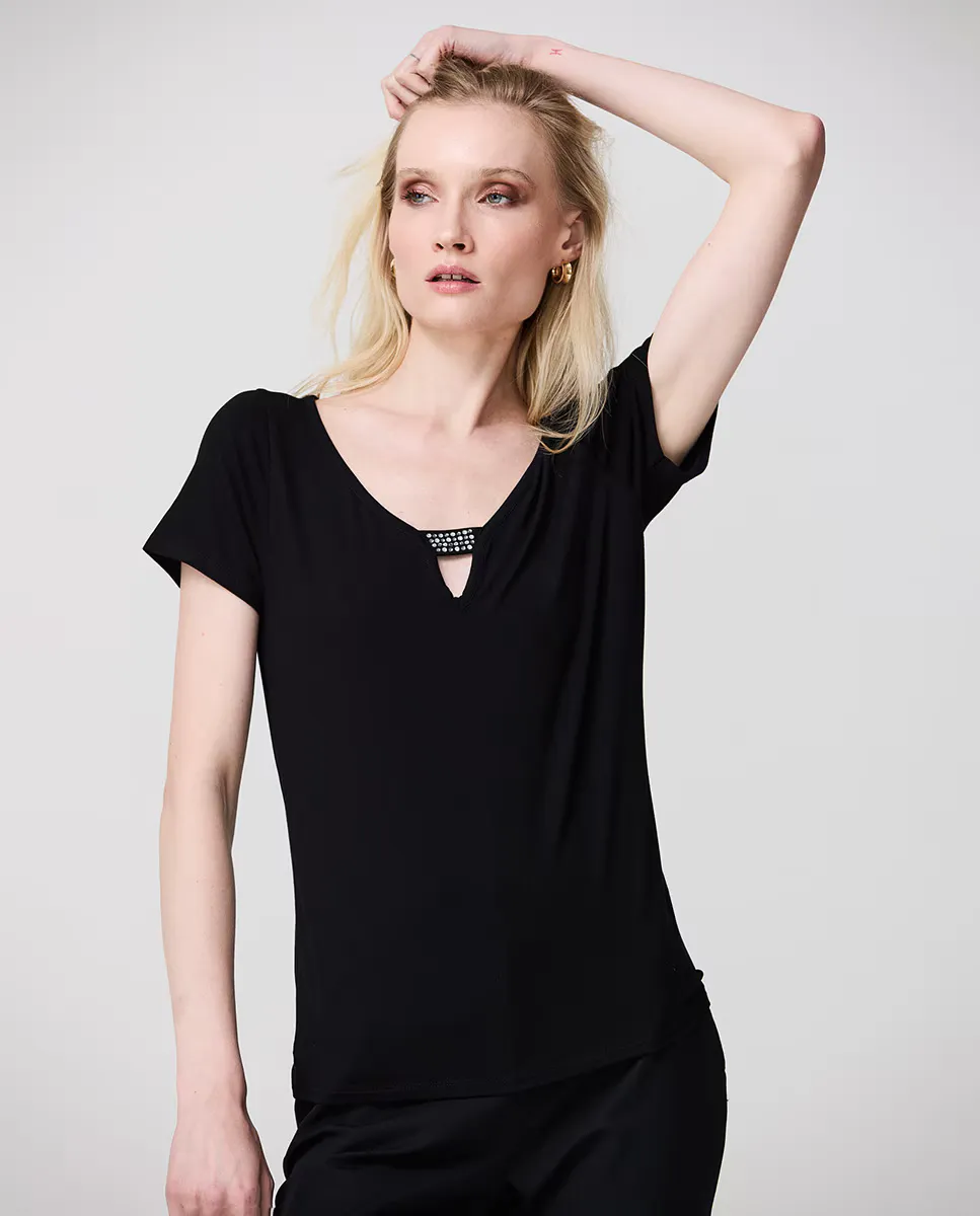 

Женская футболка с V-образным вырезом и цепочкой из стразов Escorpion, черный