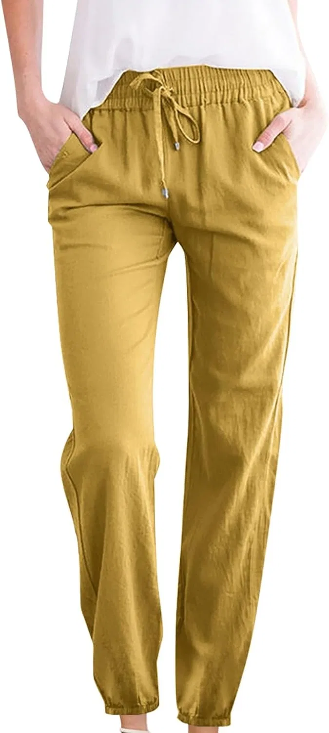 Широкие брюки женские, cotton linen, свободные, с завязкой, с карманами, A02_yellow