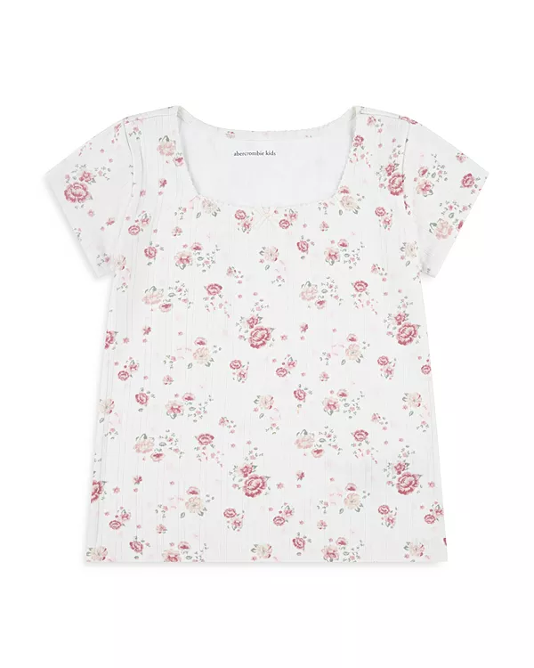 

Детская футболка с ажурным узором, квадратным вырезом и короткими рукавами - для малышей и детей постарше. Abercrombie Kids, белый