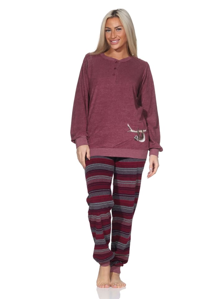 

NORMANN Пижама из махровой ткани с длинными рукавами, манжетами и анималистическим принтом ягодного цвета