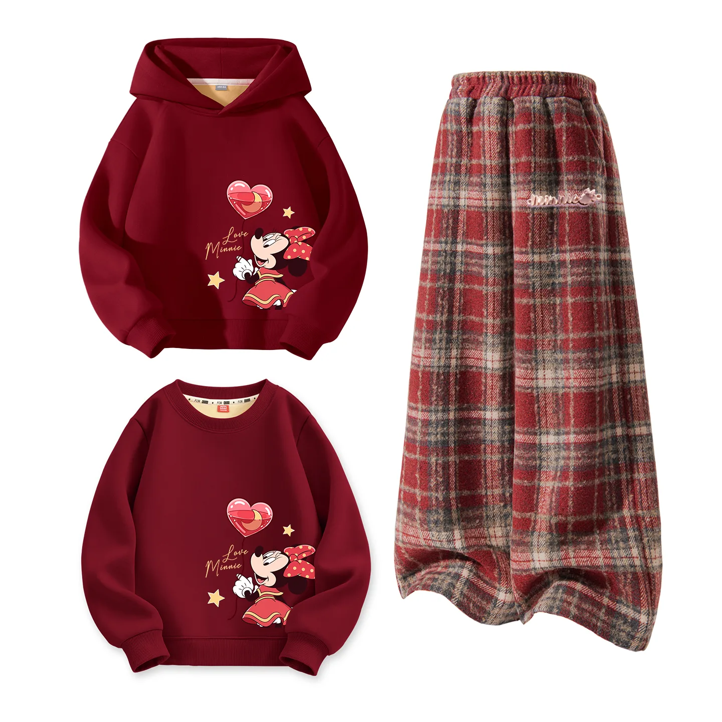 Disney Kids Tang Suits Crew Neck Thickness, [Thickened and Fleece-Lined]Di Xinqiu Niu_Bottom Right Wine Red+Di Chang Metal Label K Red Plaid+Di Xinqiu Niu_Bottom Right Burgundy