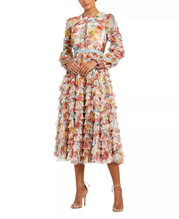 

Платье с длинными рукавами, многослойными оборками и вырезами, перекрестными лямками. Mac Duggal, мультиколор