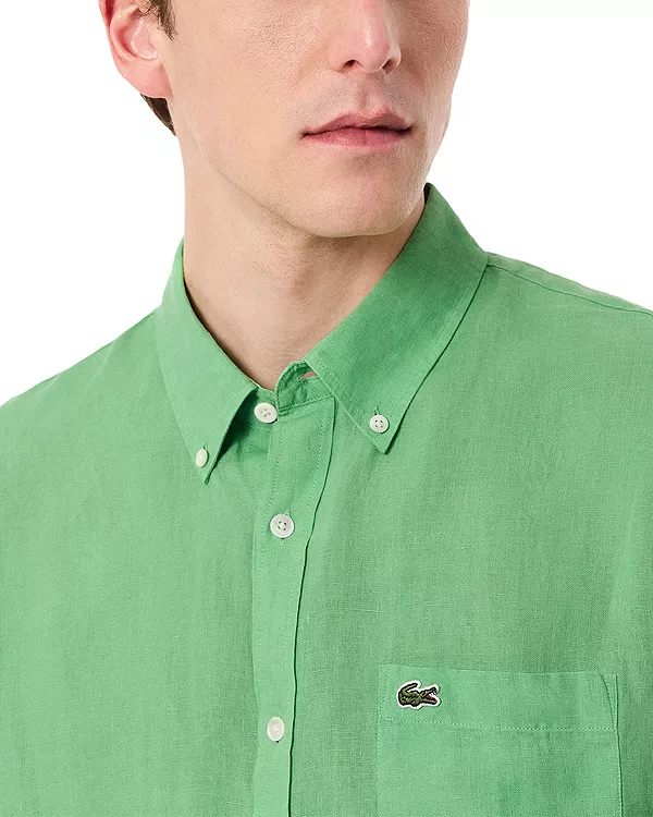 Льняная рубашка прямого кроя на пуговицах Lacoste, зеленый — фото 4