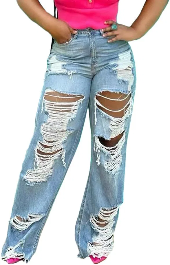 Джинсы прямые, потертые, женские, Light Blue