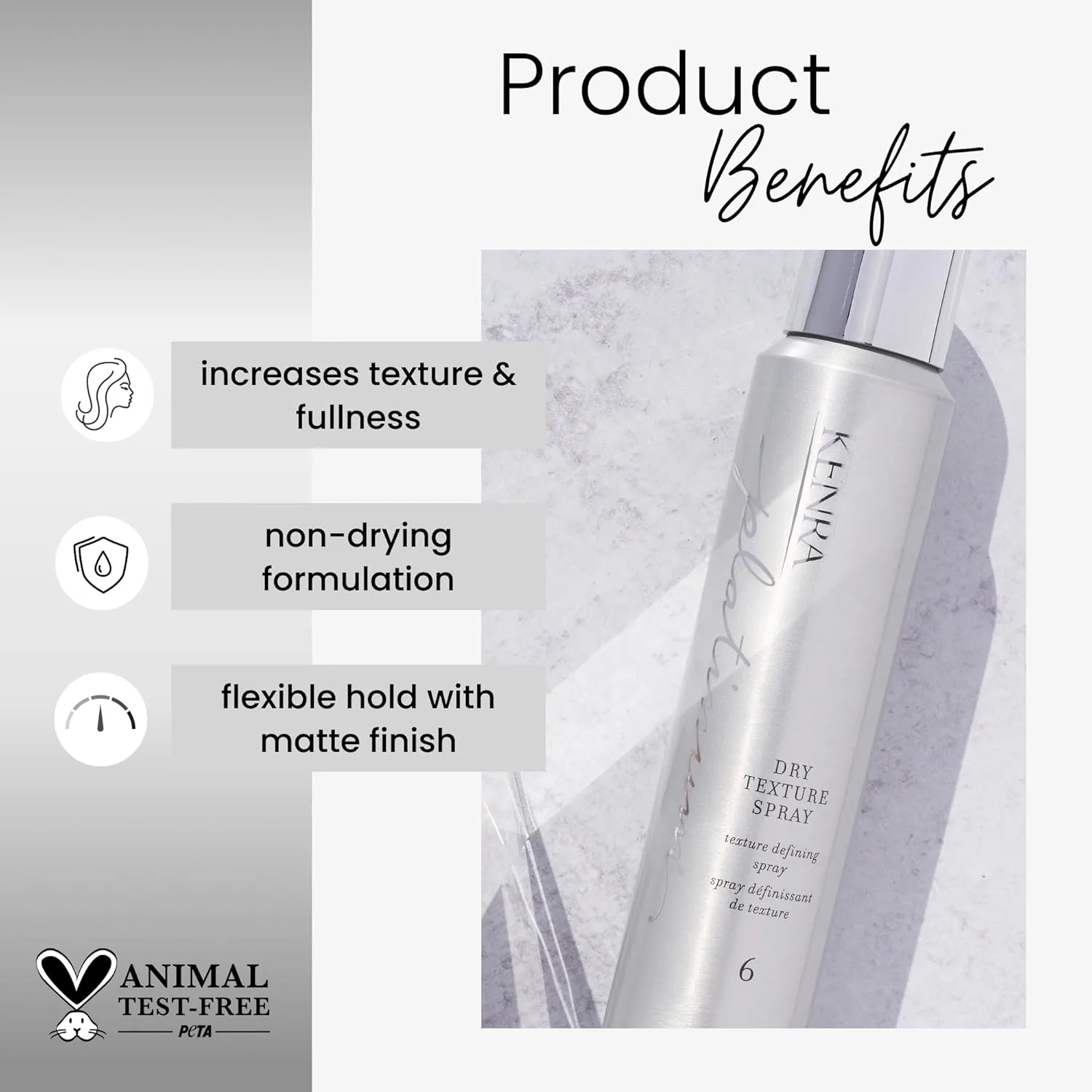 Kenra Platinum Dry Texture Spray 6, спрей для текстуры и объема, увеличивает текстуру и пышность, абсорбирует жир и загрязнения, ультралегкая формула без сушки, для всех типов волос 150.26 г (1 шт.) — фото 2