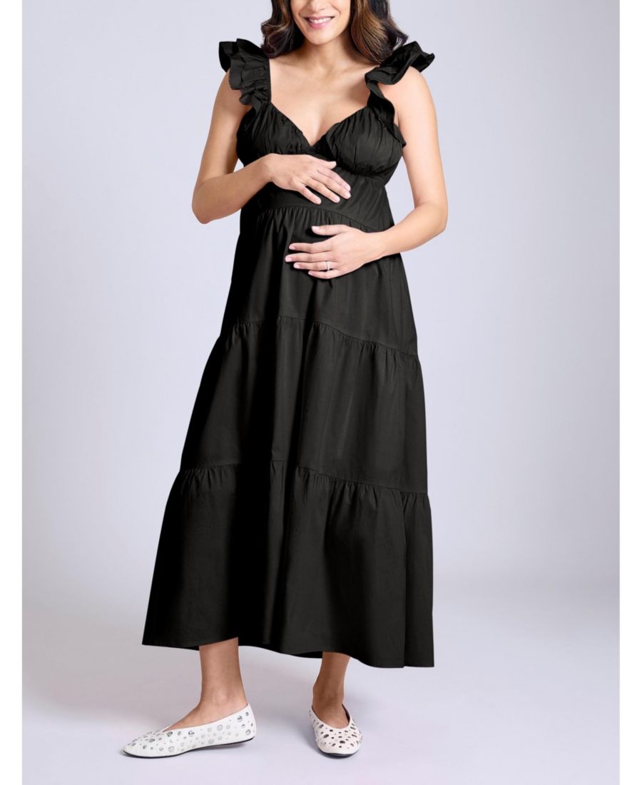 

Длинное платье для беременных с оборками на рукавах и завязками на спине - Материнство Motherhood Maternity, Black