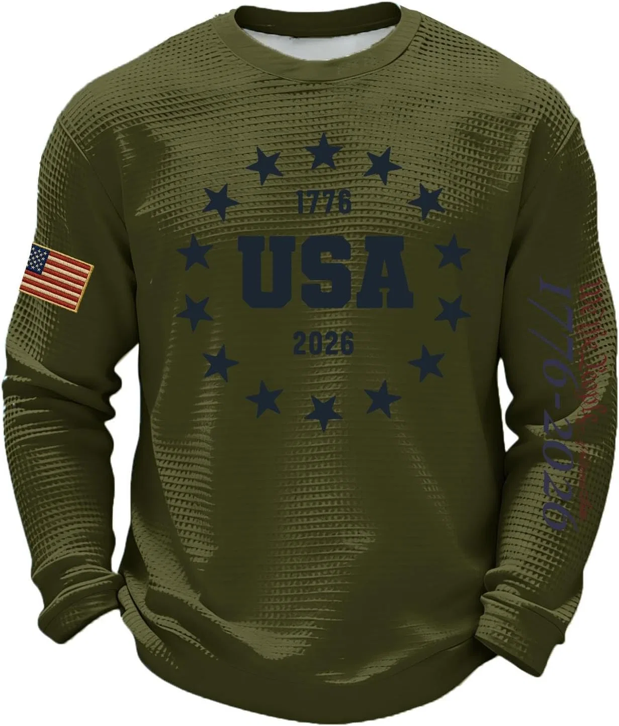 Футболка с длинным рукавом, вафельная, патриотическая, American Flag, Army Green
