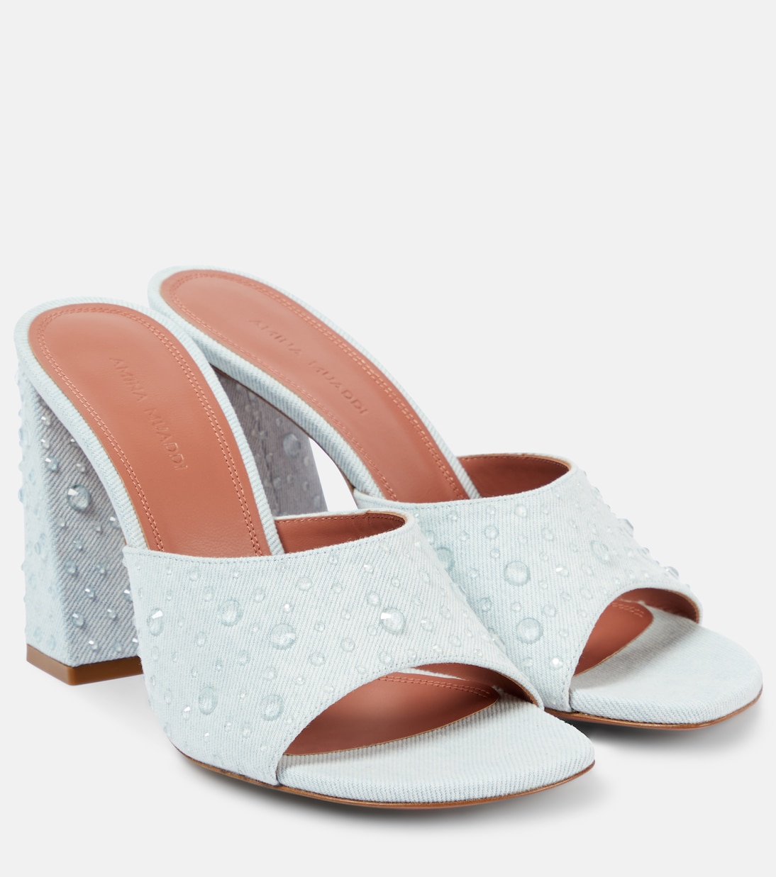 Мюли Brigitte 95 из денима и кожи Amina Muaddi, Light Denim