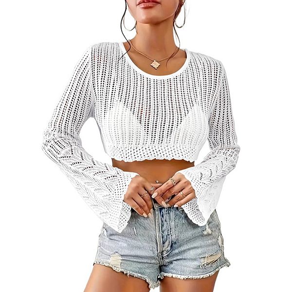 

Женский легкий укороченный свитер с длинным рукавом и ажурной вязкой Maxxis Merch, White