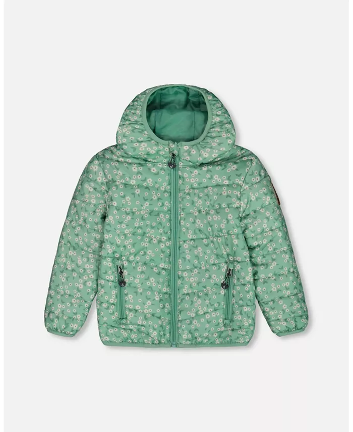 

Детская куртка для девочек с принтом, утепленная, межсезонная Small White Flowers On Sage Green Background Deux par Deux, зеленый