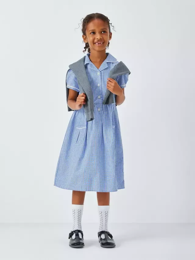 Летнее школьное платье из хлопка в клетку для девочек John Lewis, Blue — фото 2
