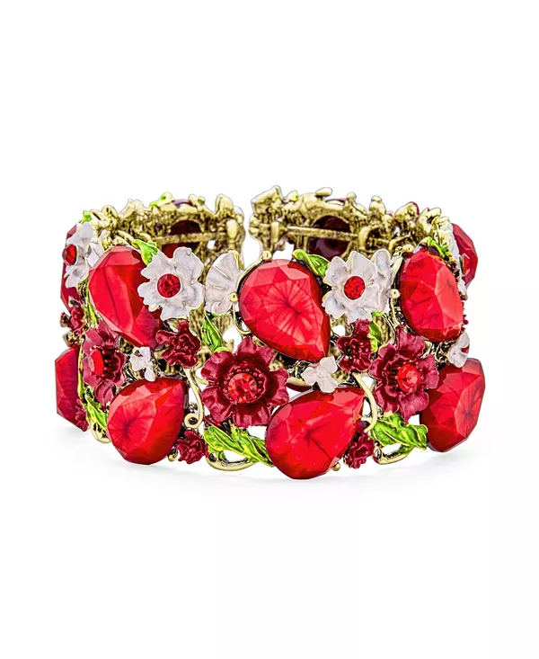

Широкий браслет-манжета с цветком из красного кристалла, покрытый окисленным золотом, гибкий дизайн Bling Jewelry, red