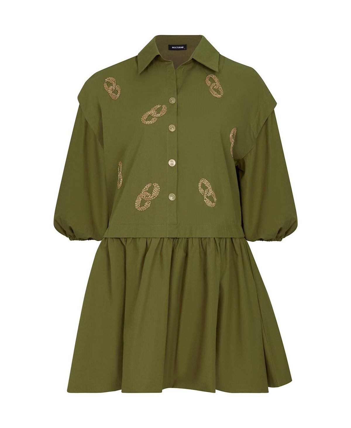 

Женское платье с объемными рукавами и вышивкой NOCTURNE, хаки