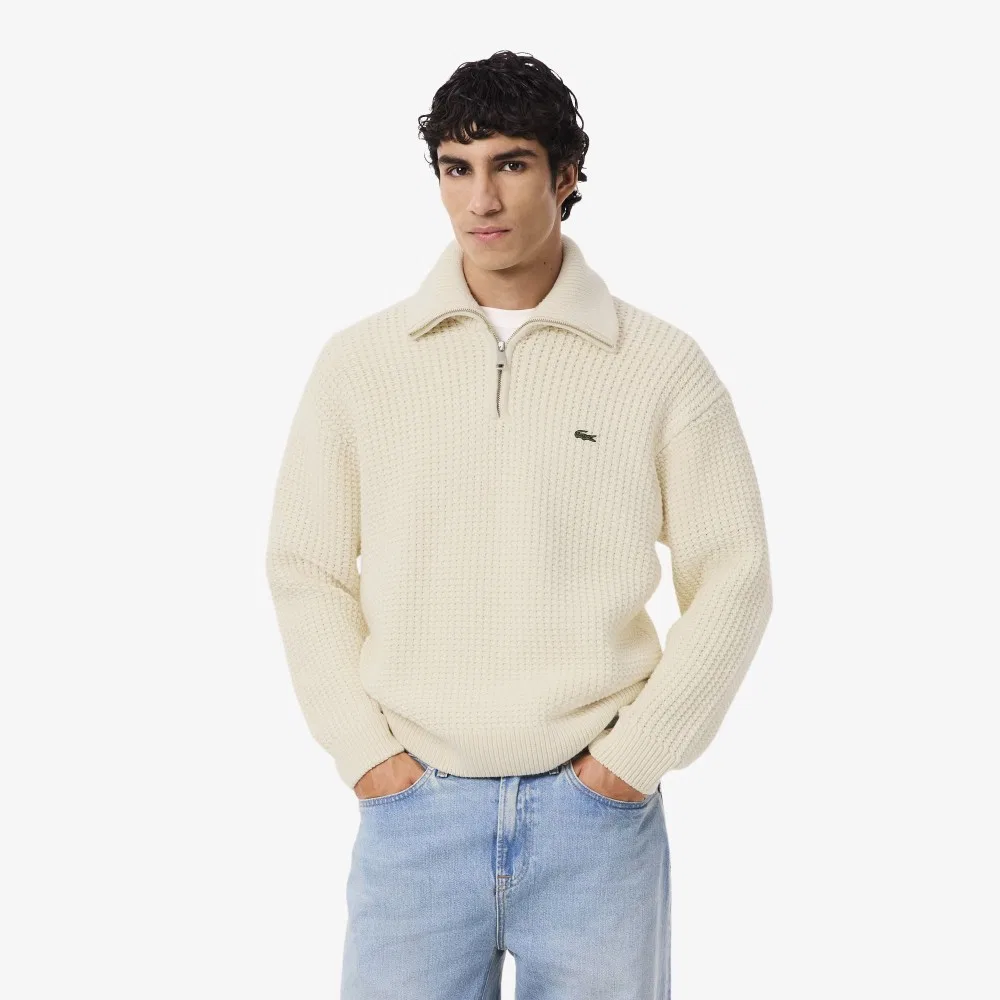 Мужской свитер поло с ажурной вязкой, кремовый, от Lacoste