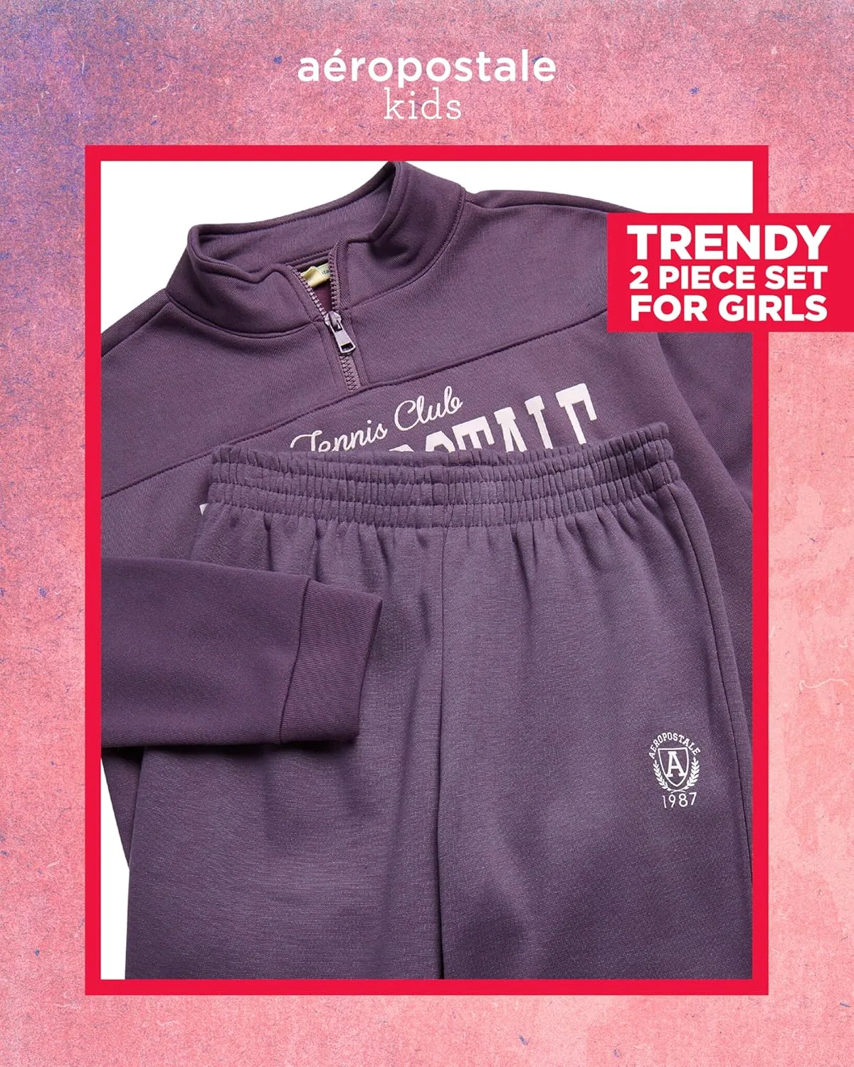 Детский спортивный костюм AEROPOSTALE 1/4 Zip Pullover и Wide Leg Jogger, Black Plum — фото 2