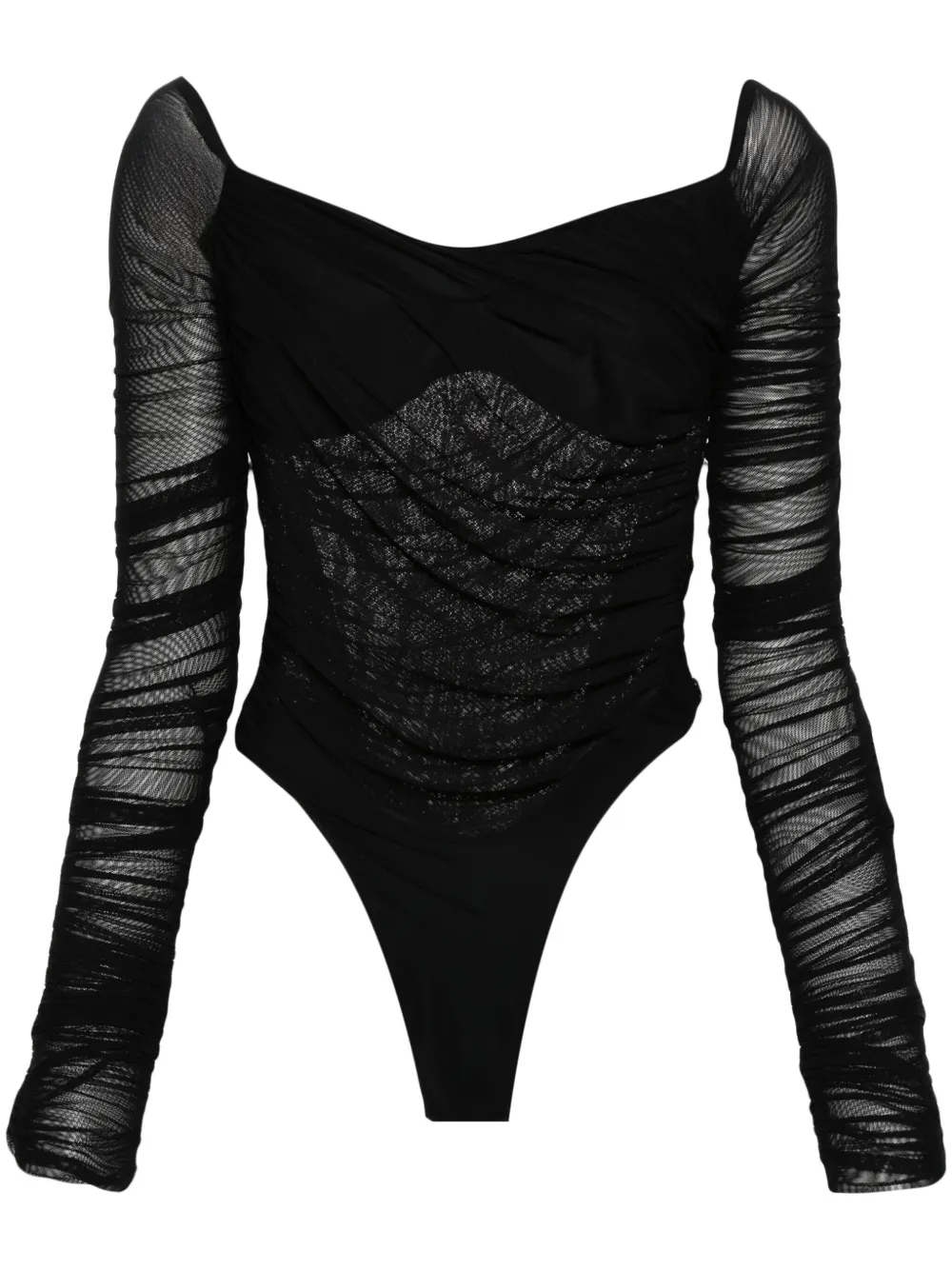 

Боди с открытыми плечами и сборками Mugler, черный
