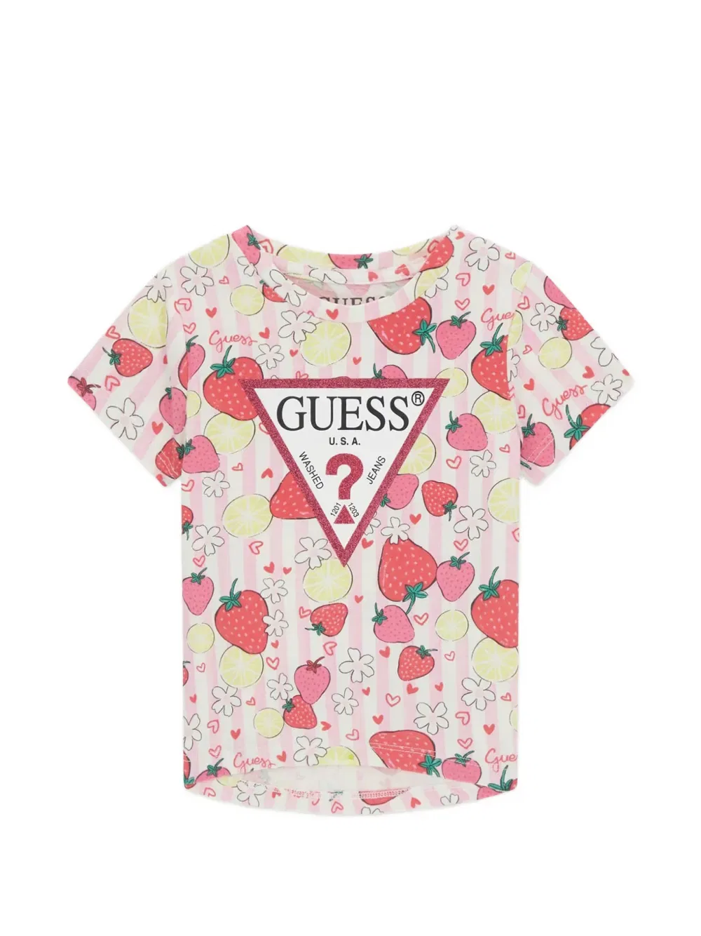 Полосатая футболка с цветочным принтом Guess Kids, розовый