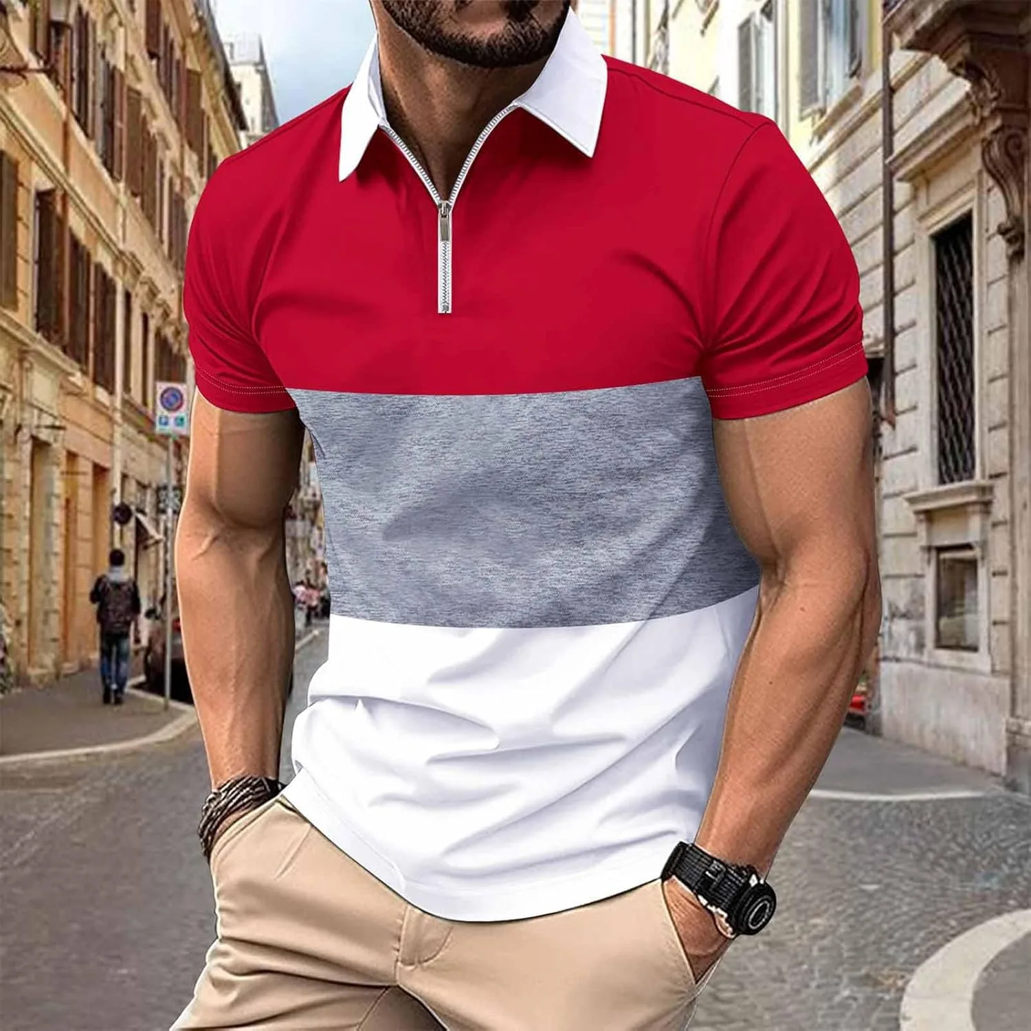 Футболка для гольфа мужская Quarter Zip с коротким рукавом и цветными блоками — фото 2