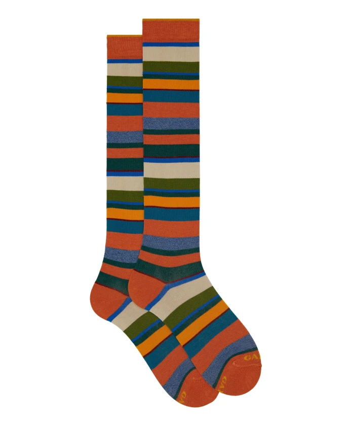 

Длинные оранжевые хлопковые носки для мужчин в разноцветную полоску Gallo, мультиколор