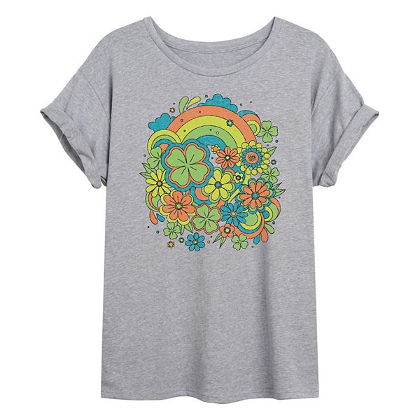 

Футболка Juniors retro clovers & florals oversized Licensed Character, Heather Gray