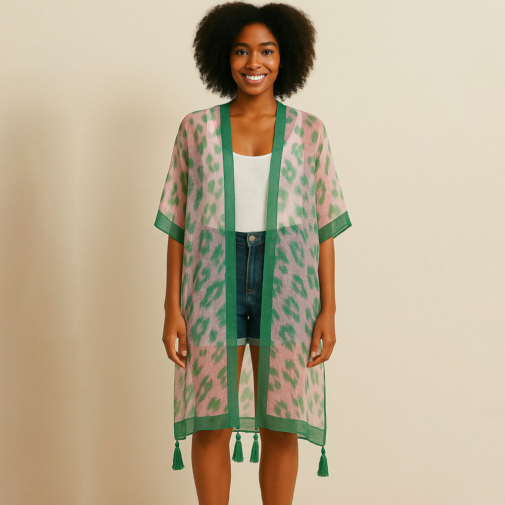 

Прозрачный длинный пончо-кимоно с леопардовым принтом и кисточками на распашке TRUEDAMES