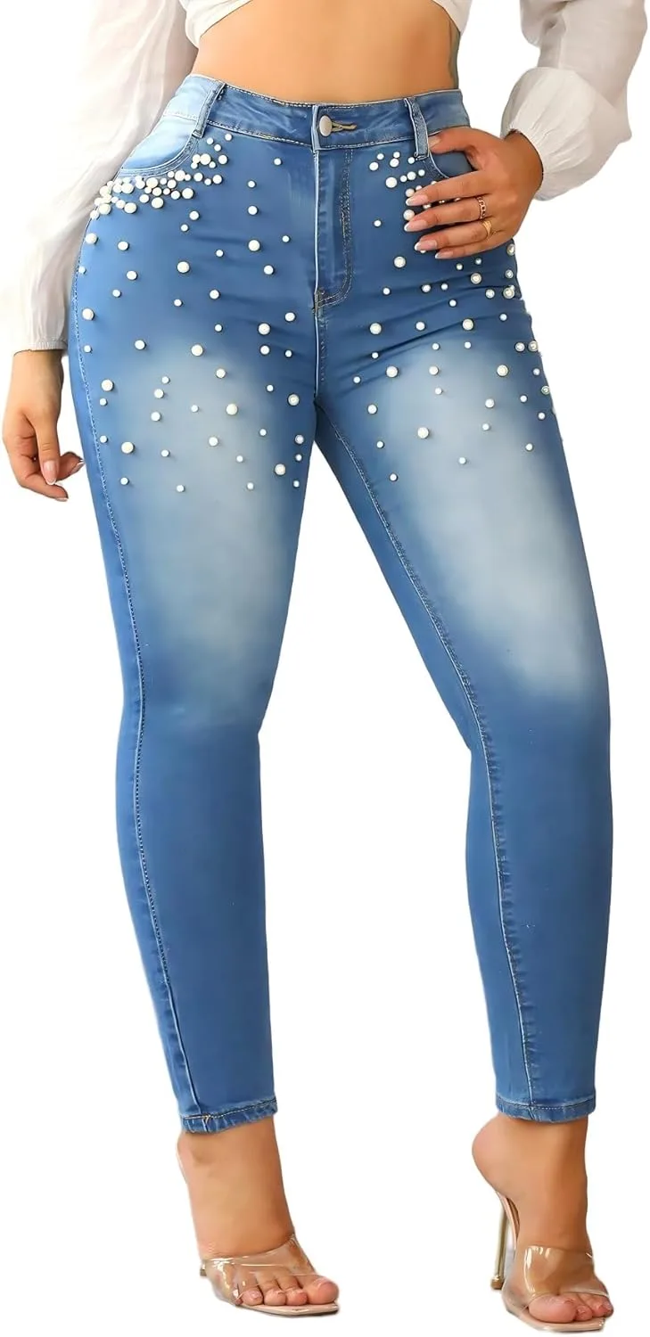 

Женские скинни джинсы Classic Mid Waist Stretchy Denim с жемчугом и стразами EXPJEAS