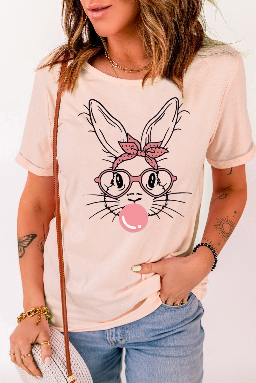 

Футболка с коротким рукавом и круглым вырезом с принтом кролика FASHNZFAB, цвет blush pink