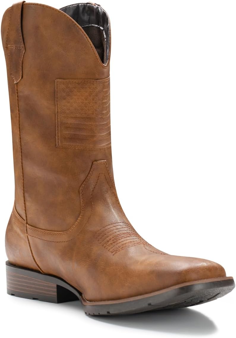 

Мужские ковбойские сапоги IUV с широким голенищем, западного стиля, с традиционным американским флагом, ретро с квадратным носком, деревенские сапоги, коричневый