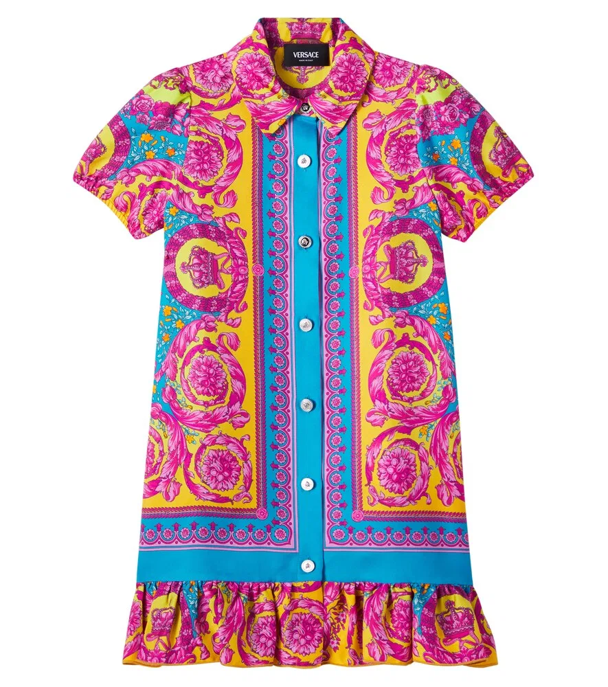 Платье-рубашка из шелкового твила Electric Barocco Versace Kids, мультиколор