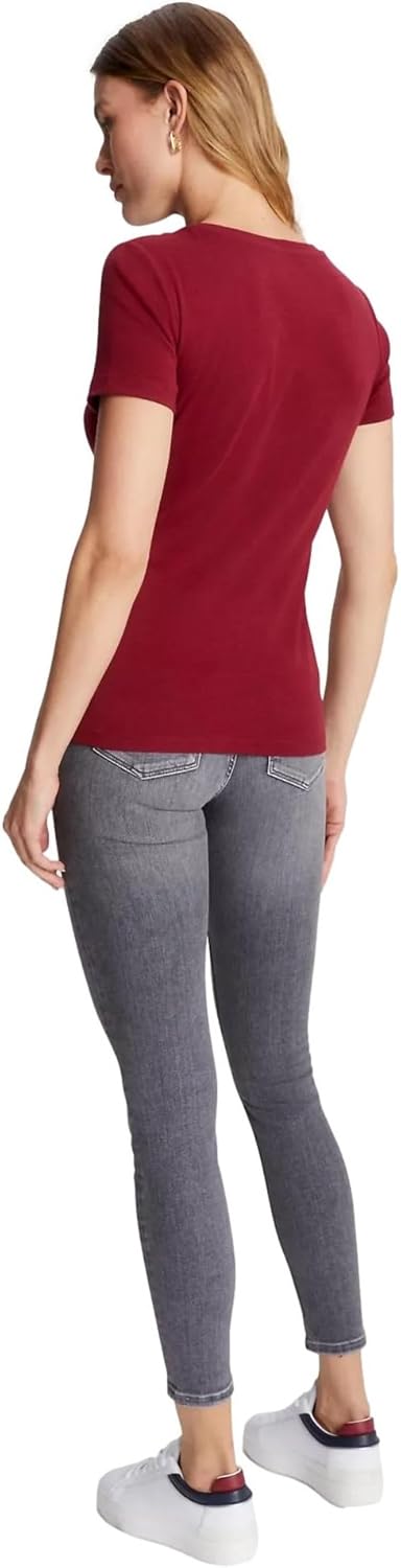 

Женская футболка Tommy Hilfiger с коротким рукавом и V-образным вырезом, однотонная хлопковая, Deep Rouge.