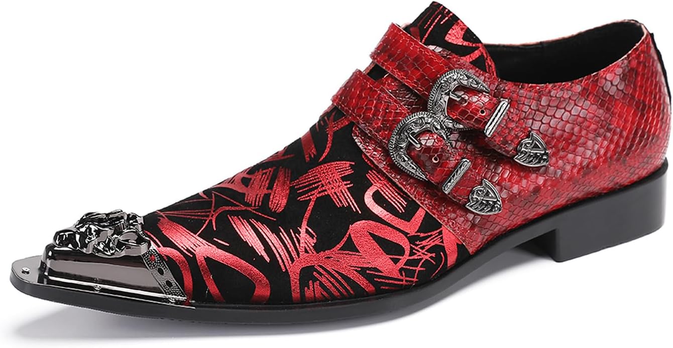 

Мужские лоферы Santimon с металлическим наконечником и заостренным носком - стильная мужская обувь без шнурков для свадьбы, вечеринок, выпускного вечера - кожаные повседневные туфли с двойной пряжкой и цветочным узором, красный