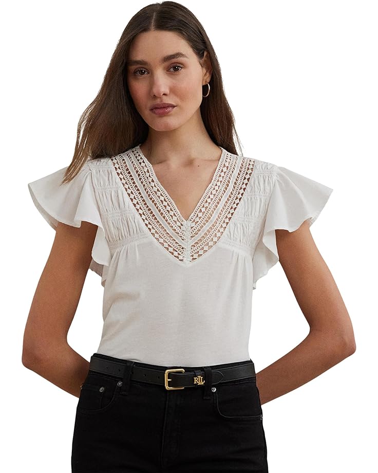 

Футболка Lauren Ralph Lauren Lace-trim Jersey Flutter-sleeve Tee, белый