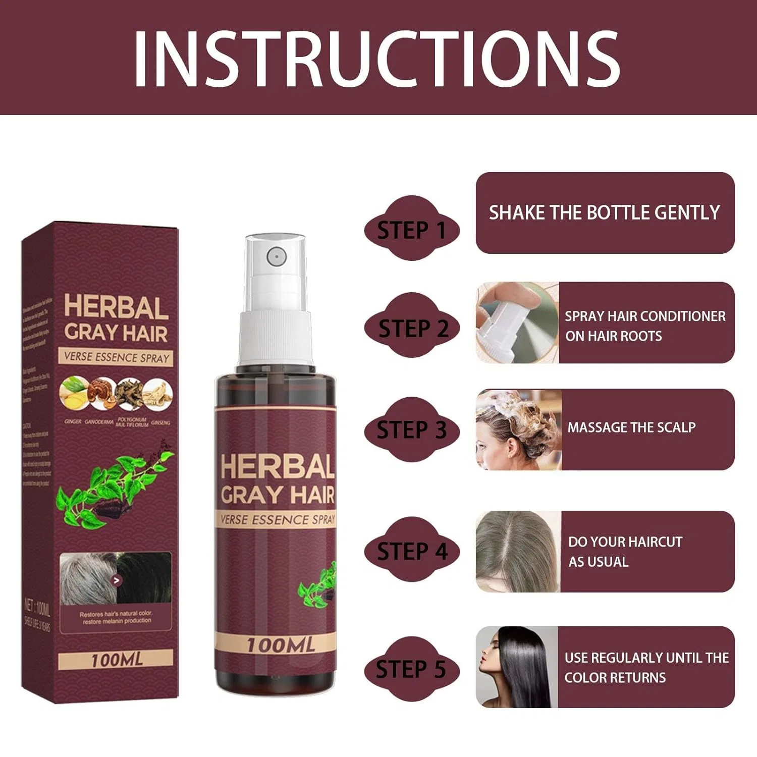 Травяной спрей для седых волос Hair Darkening Conditioner (2 шт.) Bainuai — фото 4