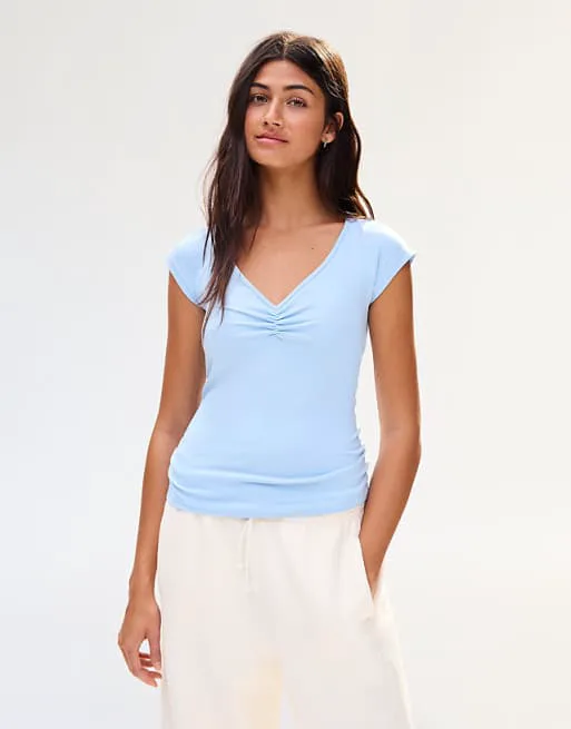 

Светло-желтая футболка с короткими рукавами и сборками Bershka, Желтый, Светло-желтая футболка с короткими рукавами и сборками Bershka