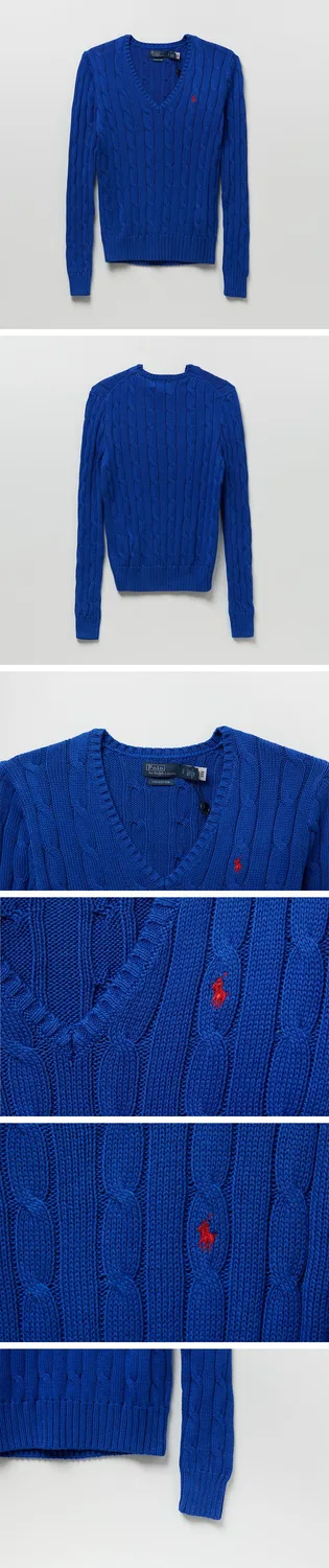 Женский хлопковый свитер с V-образным вырезом синего цвета от Polo Ralph Lauren — фото 3
