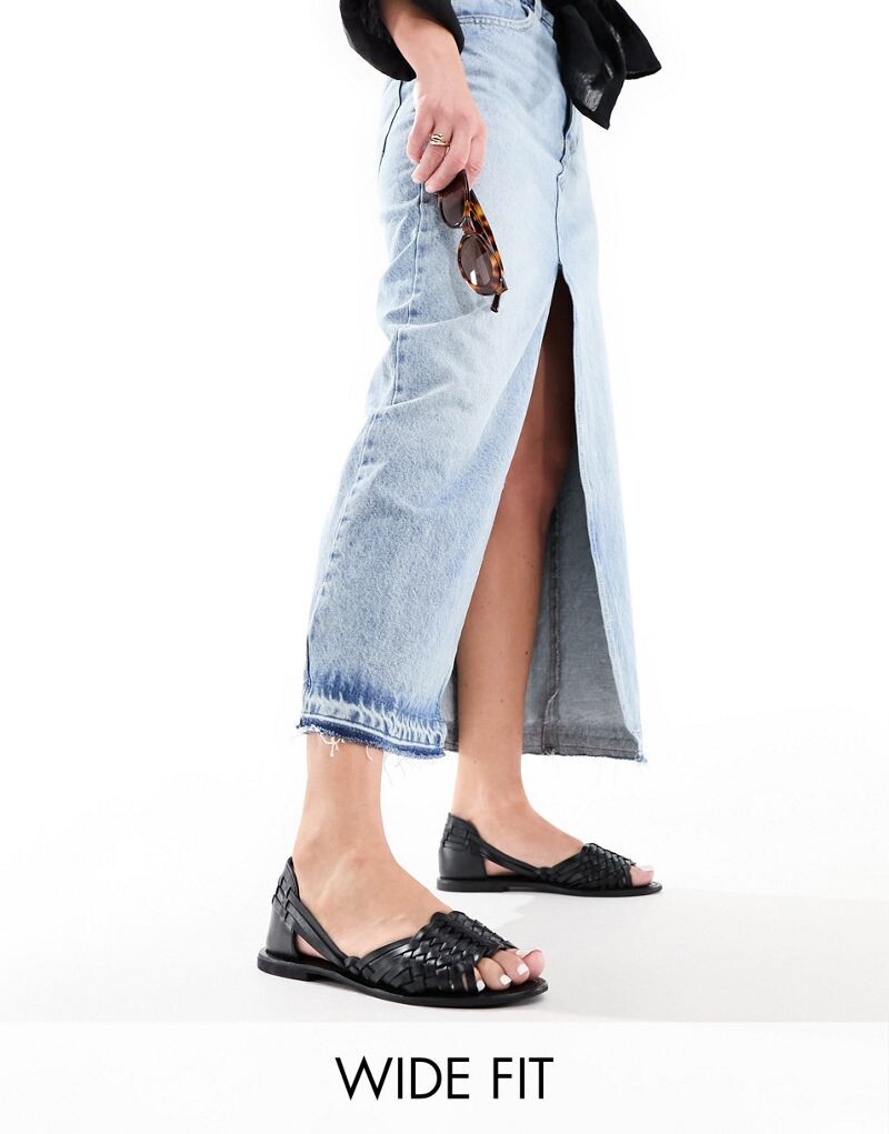 

Черные кожаные плетеные сандалии на плоской подошве ASOS DESIGN Wide Fit Francisco