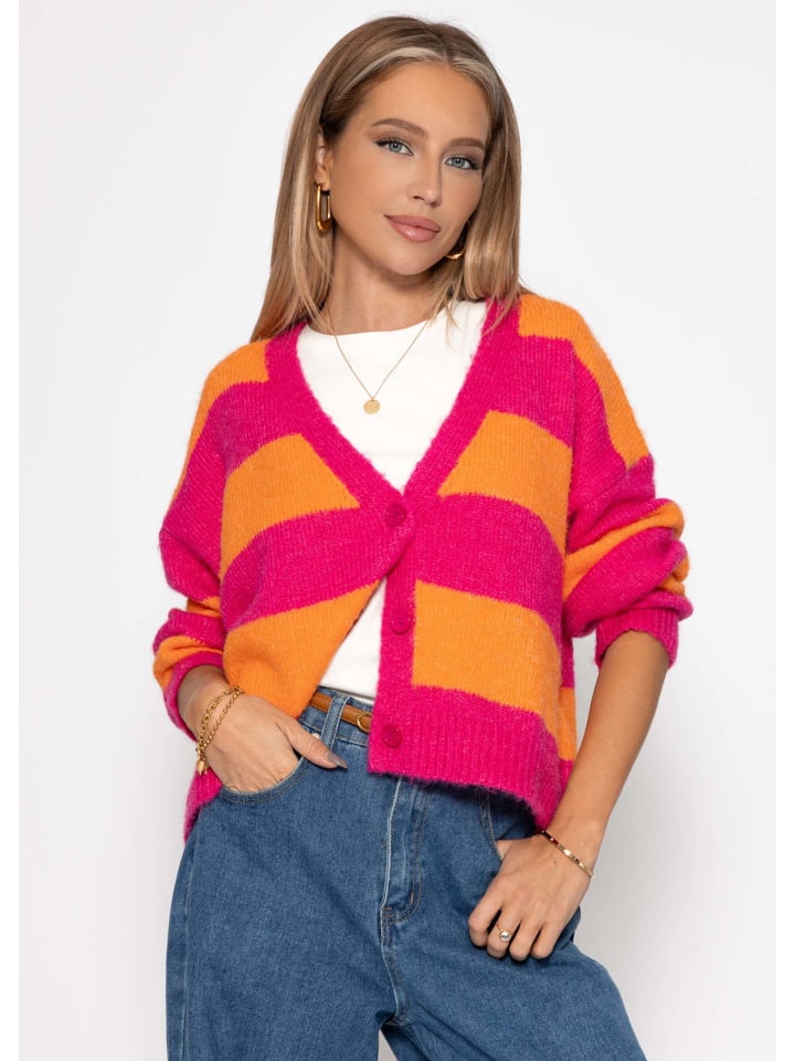 

Розовый кардиган с блочными полосками и V-образным вырезом SASSYCLASSY