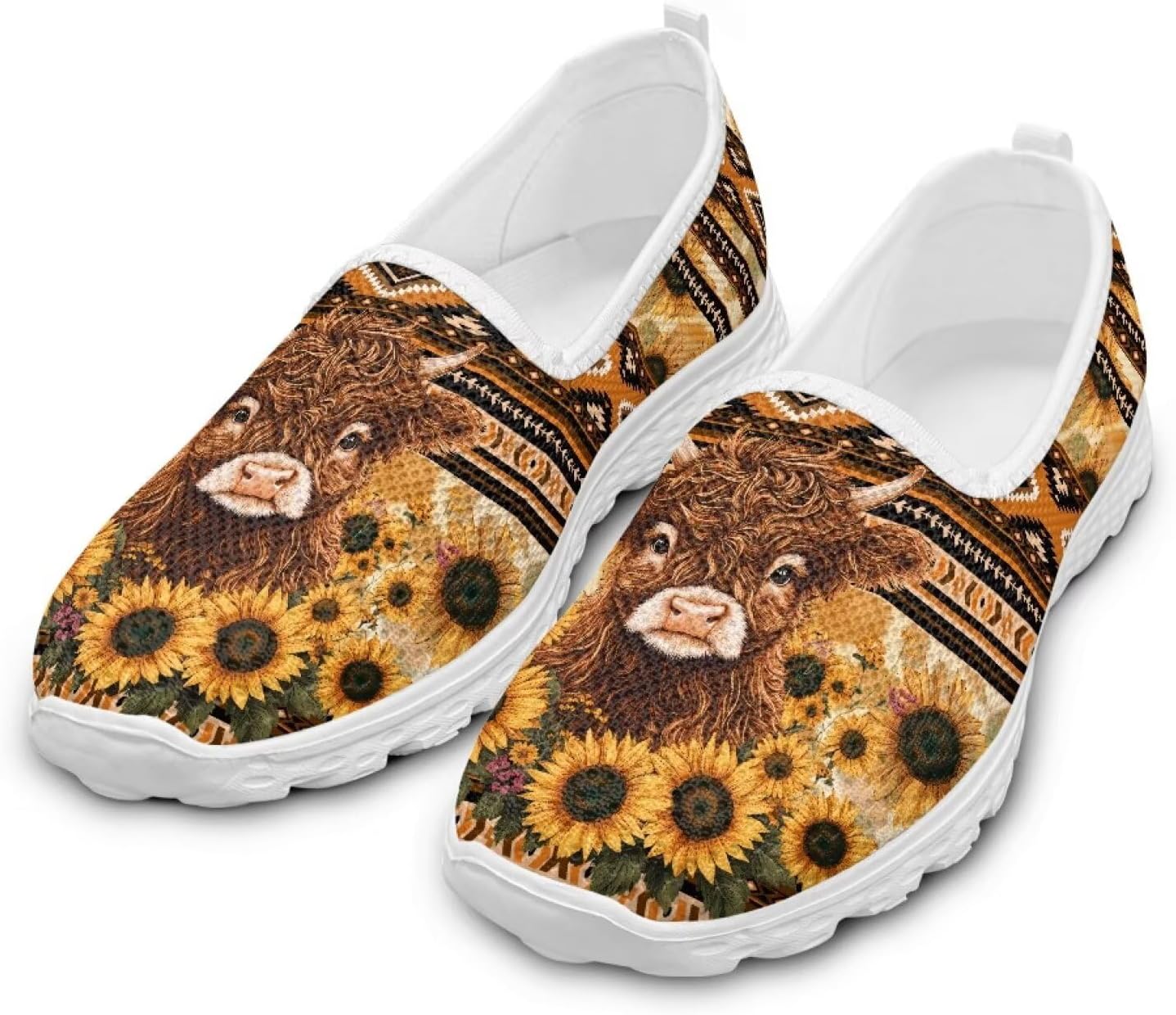 

Женские слипоны Howilath, удобные повседневные антискользящие спортивные туфли, модные лоферы без шнурков с подошвой из ЭВА, размеры 5.5-10.5, Ethnic Sunflower Highland Cow