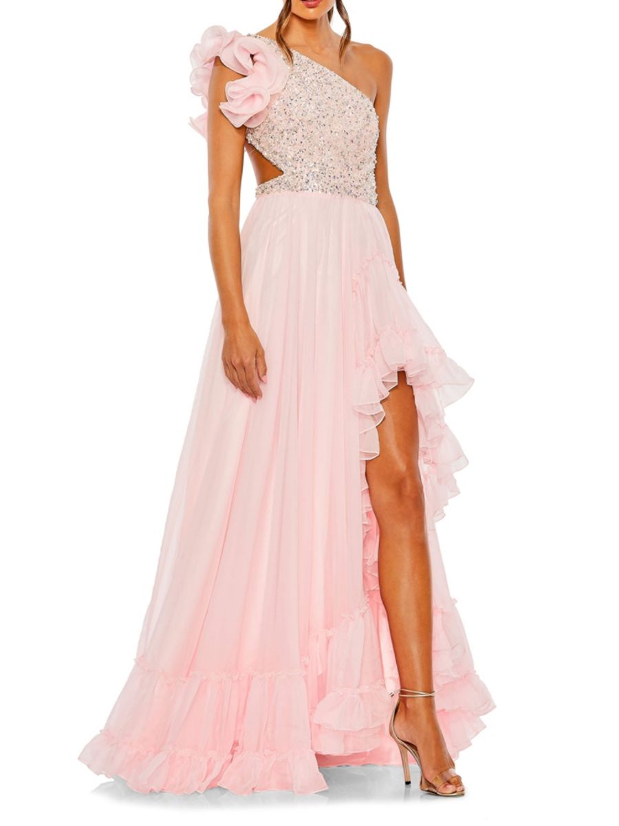 

Платье на одно плечо с оборками и шнуровкой Mac Duggal, цвет Petal Pink