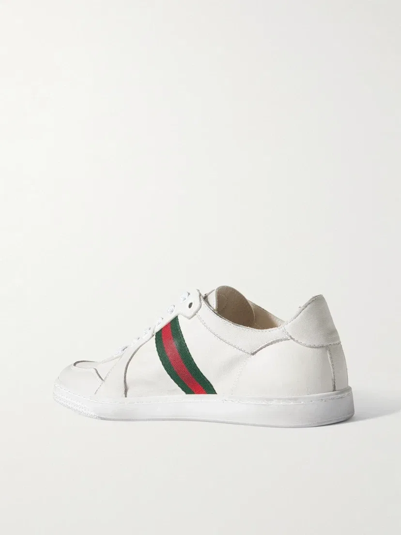 Кожаные кроссовки GUCCI с окантовкой из эластичной состаренной тесьмы, белый — фото 3