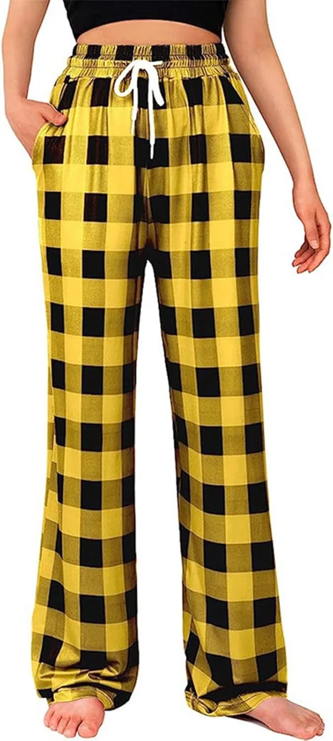 Пижамные брюки женские с принтом Buffalo Plaid, на резинке и шнурке, высокая талия, широкие штанины, свободные, желтые