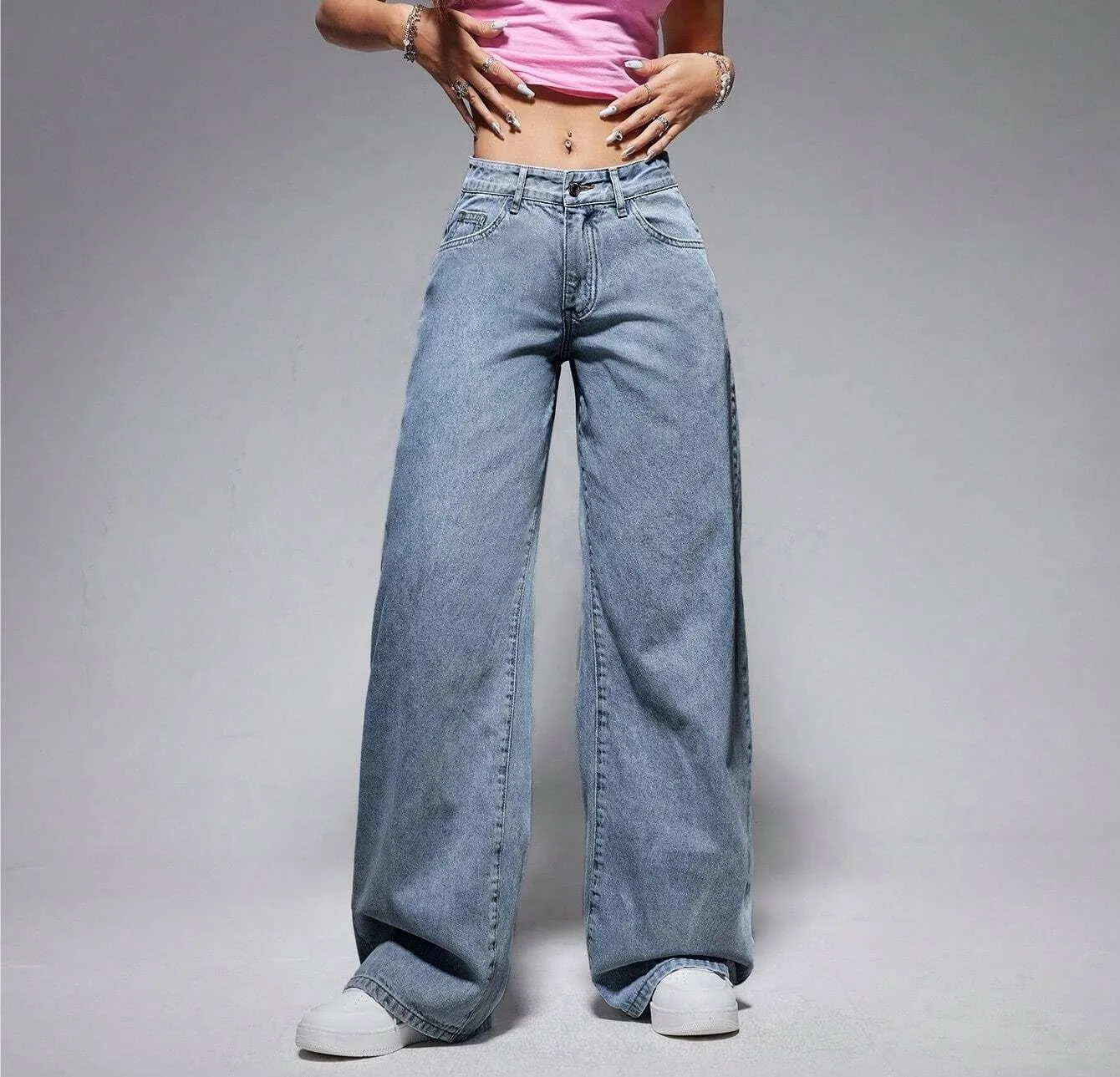 Женские классические джинсы Casual с косыми карманами на каждый день Wide Leg Generic, Light Wash — фото 2