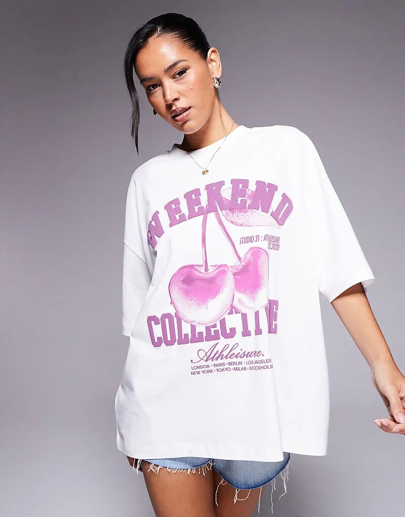 

Футболка Weekend Collective оверсайз с изображением вишни розового цвета Asos Weekend Collective